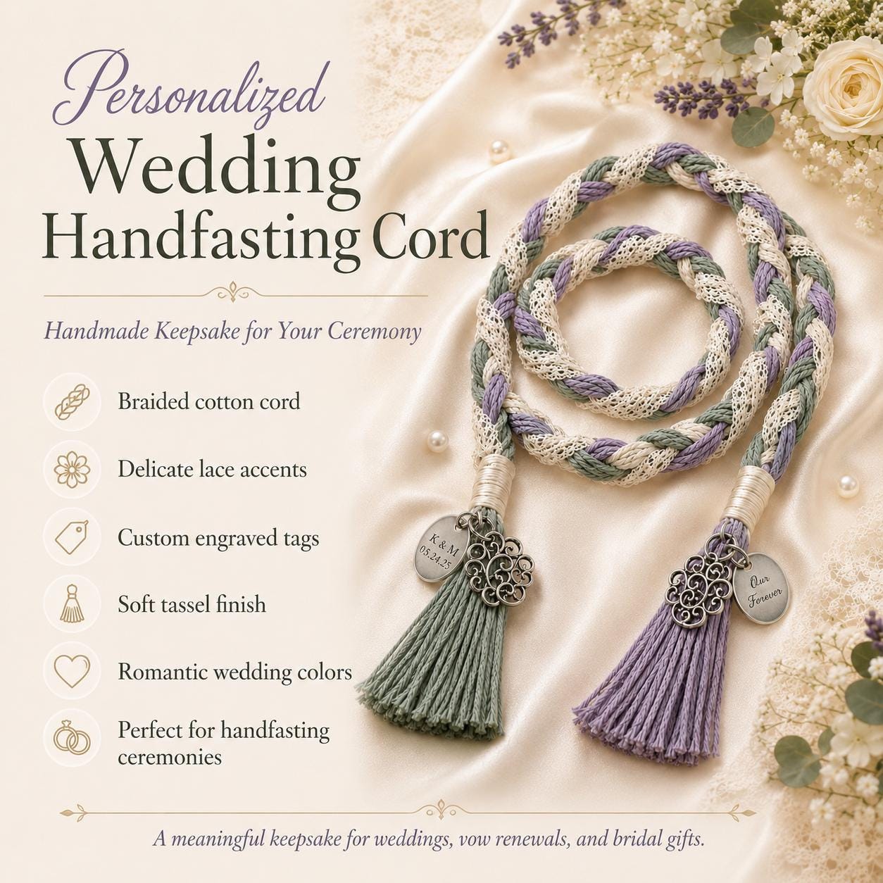 Personalized Woven Handfasting Cord, Celtic Wedding Unity Rope, Tie The Knot Ceremony Keepsake