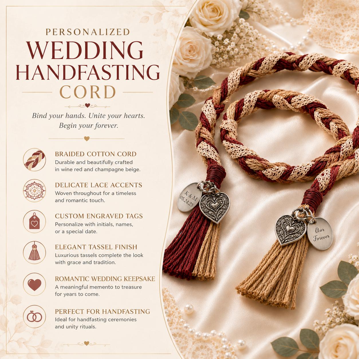Personalized Woven Handfasting Cord, Celtic Wedding Unity Rope, Tie The Knot Ceremony Keepsake