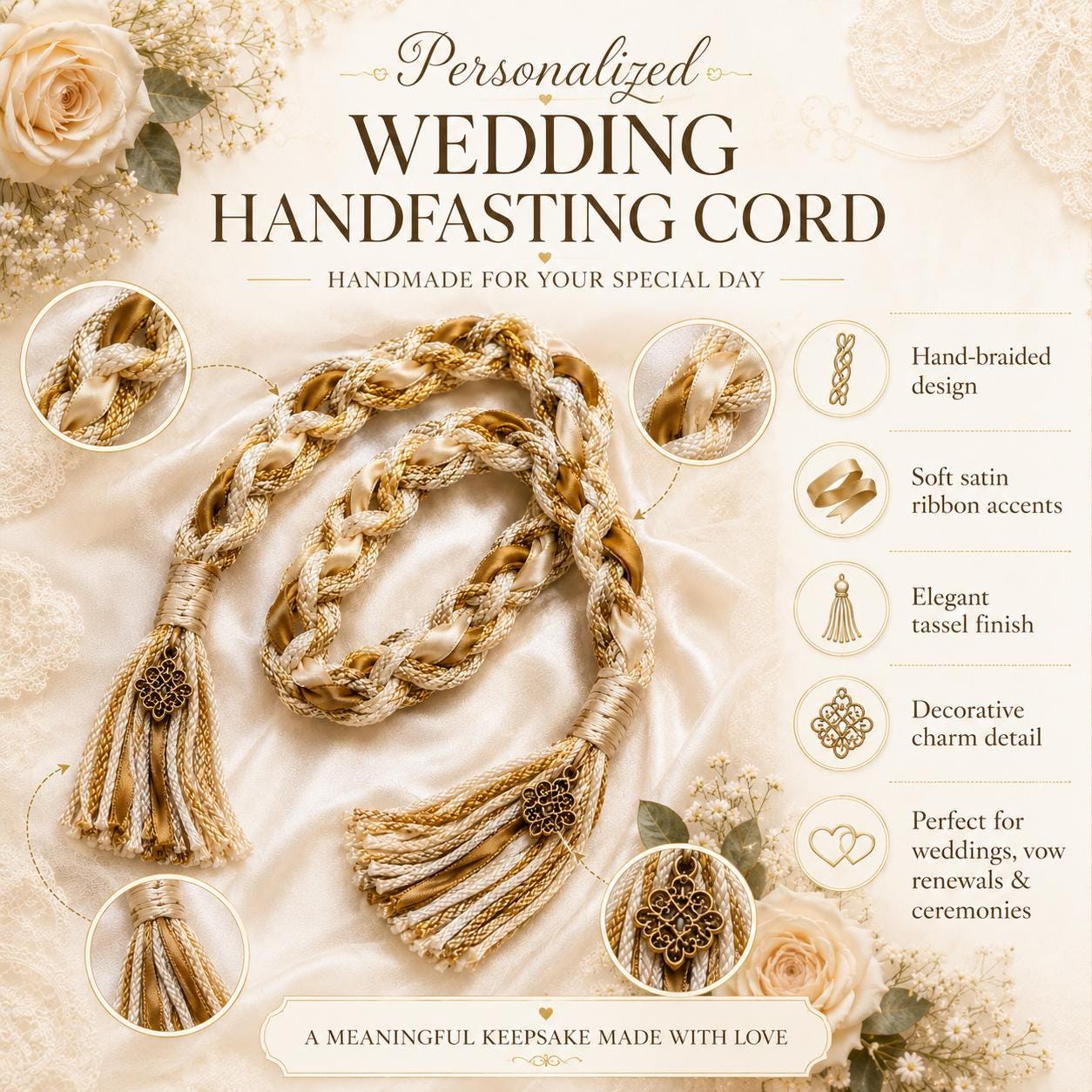 Personalized Woven Handfasting Cord, Celtic Wedding Unity Rope, Tie The Knot Ceremony Keepsake