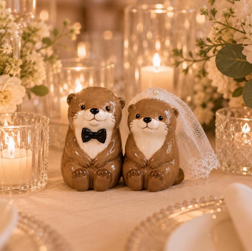 Ceramic otter bride and groom wedding cake topper figurines