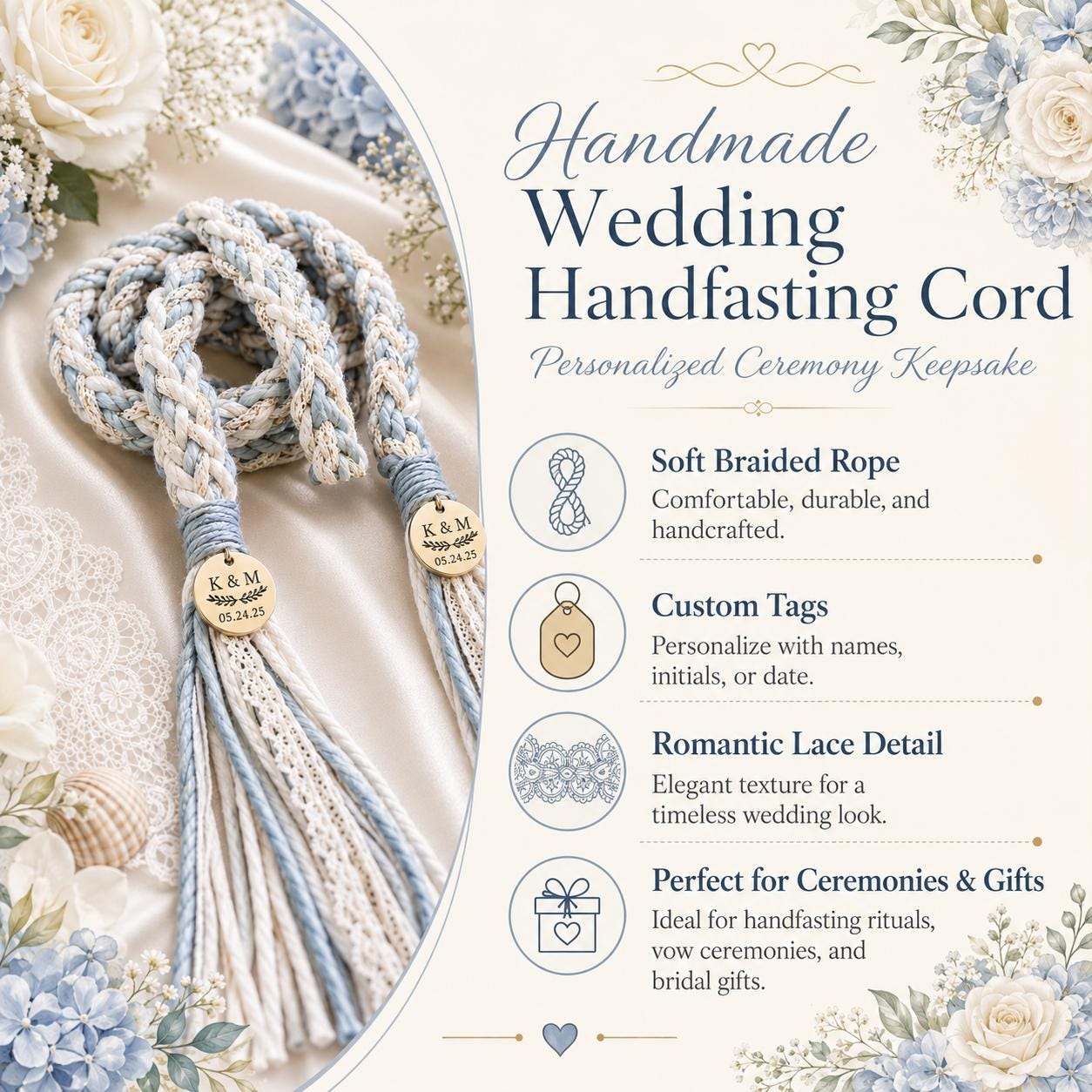 Personalized Woven Handfasting Cord, Celtic Wedding Unity Rope, Tie The Knot Ceremony Keepsake