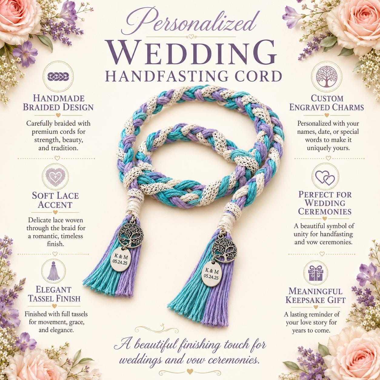 Personalized Woven Handfasting Cord, Celtic Wedding Unity Rope, Tie The Knot Ceremony Keepsake