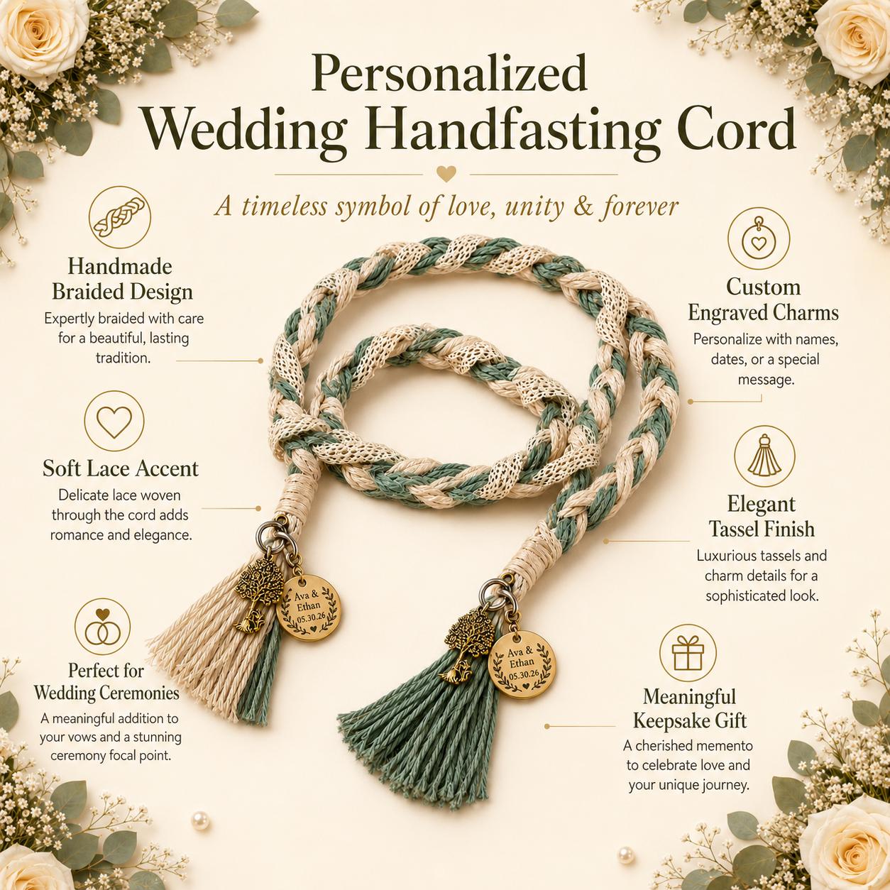 Personalized Woven Handfasting Cord, Celtic Wedding Unity Rope, Tie The Knot Ceremony Keepsake