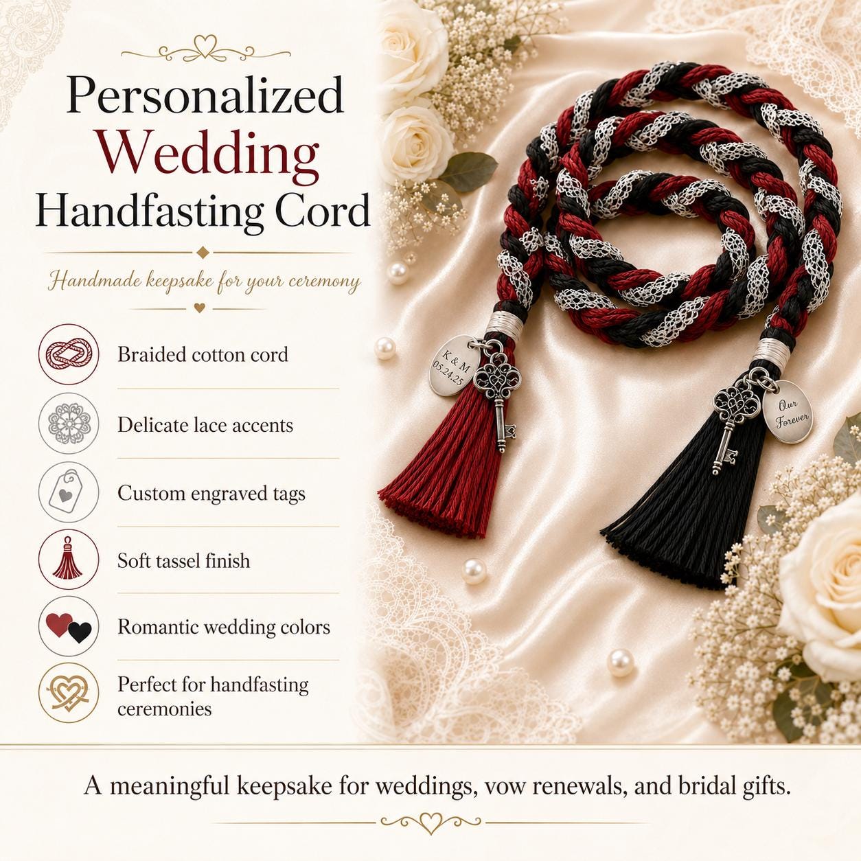 Personalized Woven Handfasting Cord, Celtic Wedding Unity Rope, Tie The Knot Ceremony Keepsake