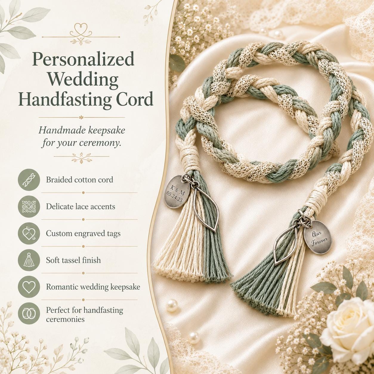 Personalized Woven Handfasting Cord, Celtic Wedding Unity Rope, Tie The Knot Ceremony Keepsake