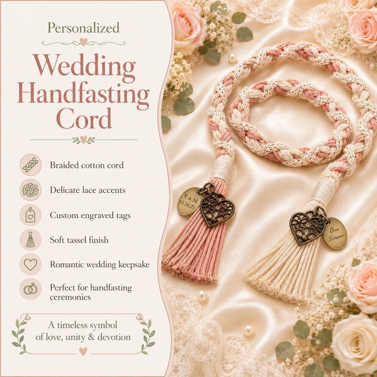Personalized Woven Handfasting Cord, Celtic Wedding Unity Rope, Tie The Knot Ceremony Keepsake