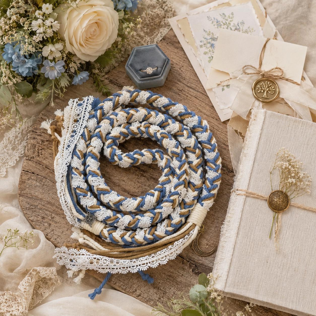 Custom Wedding Handfasting Cord, Dusty Blue Ivory Braided Unity Rope with Lace and Charms