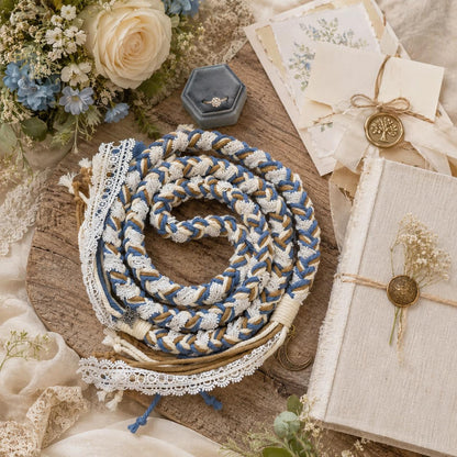 Custom Wedding Handfasting Cord, Dusty Blue Ivory Braided Unity Rope with Lace and Charms – close-up product detail
