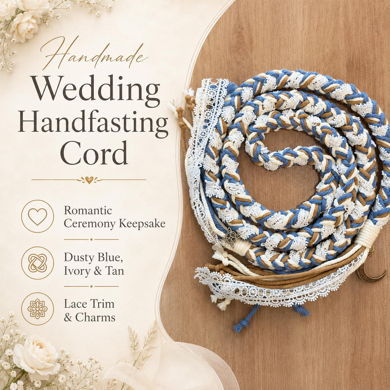 Custom Wedding Handfasting Cord, Dusty Blue Ivory Braided Unity Rope with Lace and Charms