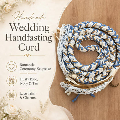 Custom Wedding Handfasting Cord, Dusty Blue Ivory Braided Unity Rope with Lace and Charms – material and finish detail