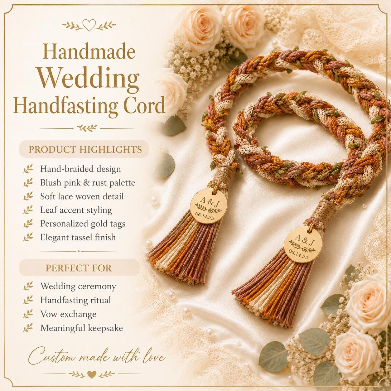 Personalized Woven Handfasting Cord, Celtic Wedding Unity Rope, Tie The Knot Ceremony Keepsake