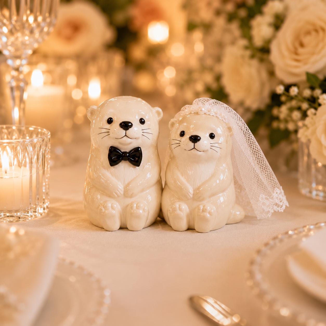 Ivory ceramic otter bride and groom wedding cake topper with lace veil and black bow tie