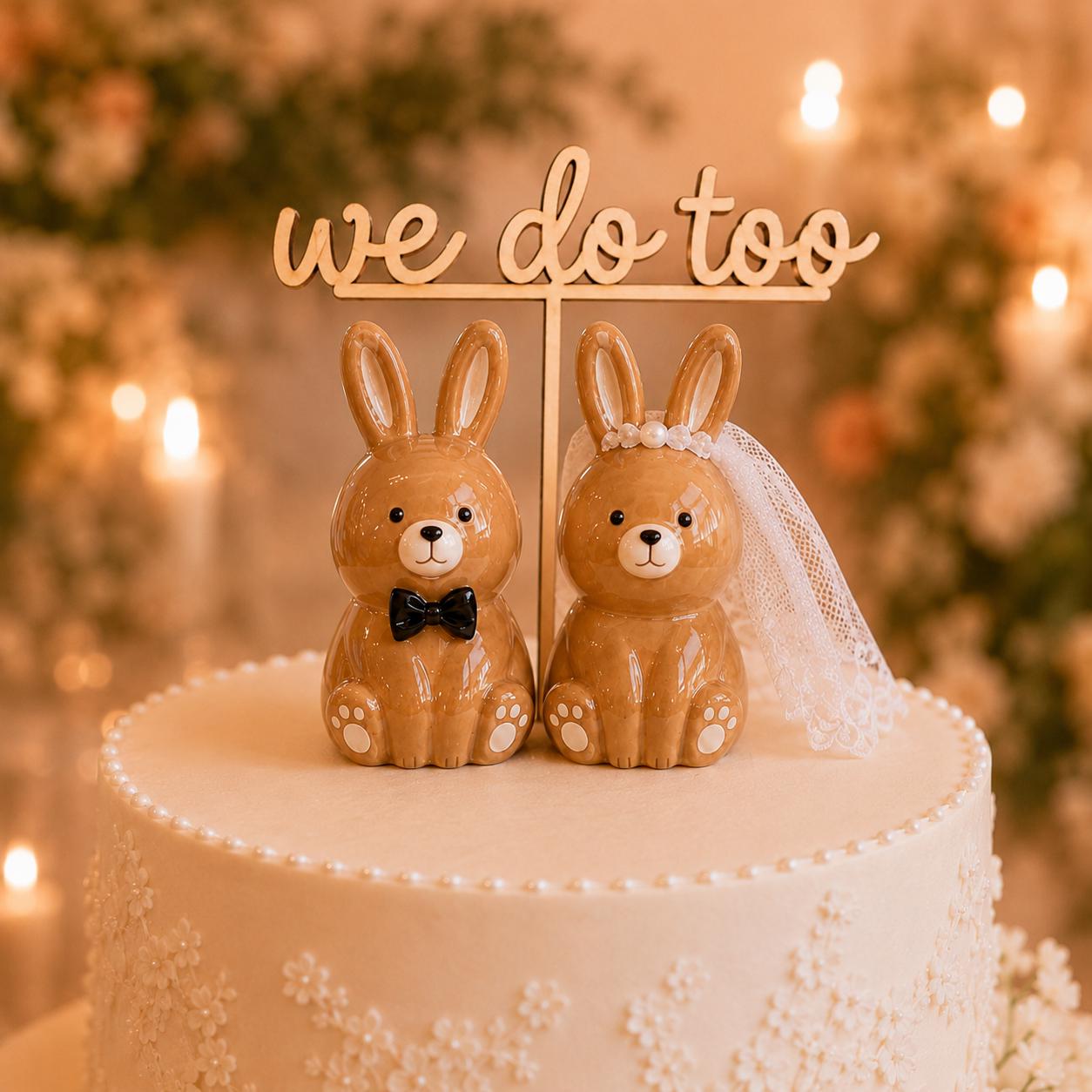 Handmade ceramic bunny wedding cake topper for a romantic garden wedding