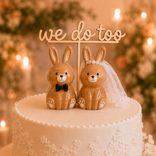 Handmade ceramic bunny wedding cake topper for a romantic garden wedding