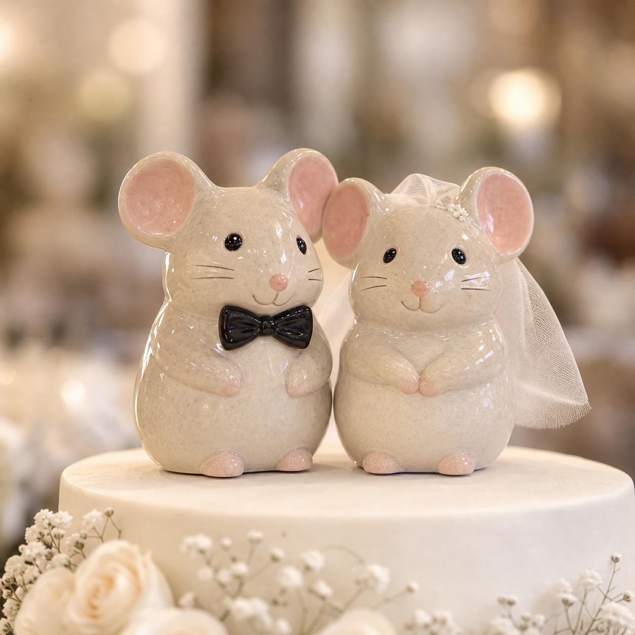 Ivory ceramic mouse bride and groom wedding cake topper with veil and black bow tie