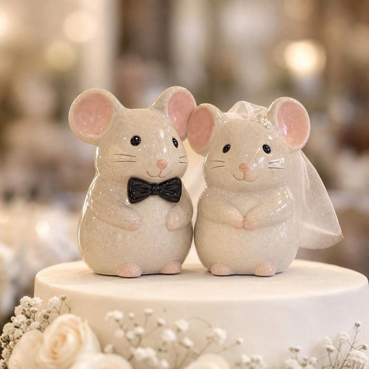 Ivory ceramic mouse bride and groom wedding cake topper with veil and black bow tie