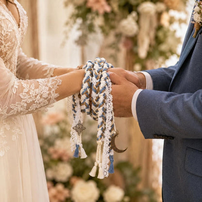 Custom Wedding Handfasting Cord, Dusty Blue Ivory Braided Unity Rope with Lace - personalized wedding handfasting cord main