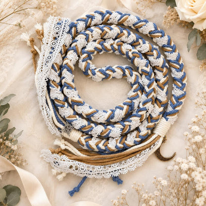 Custom Wedding Handfasting Cord, Dusty Blue Ivory Braided Unity Rope with Lace and Charms – alternate product view