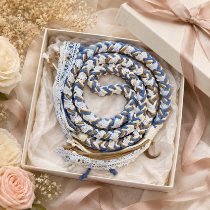 Custom Wedding Handfasting Cord, Dusty Blue Ivory Braided Unity Rope with Lace and Charms – personalization and design detail