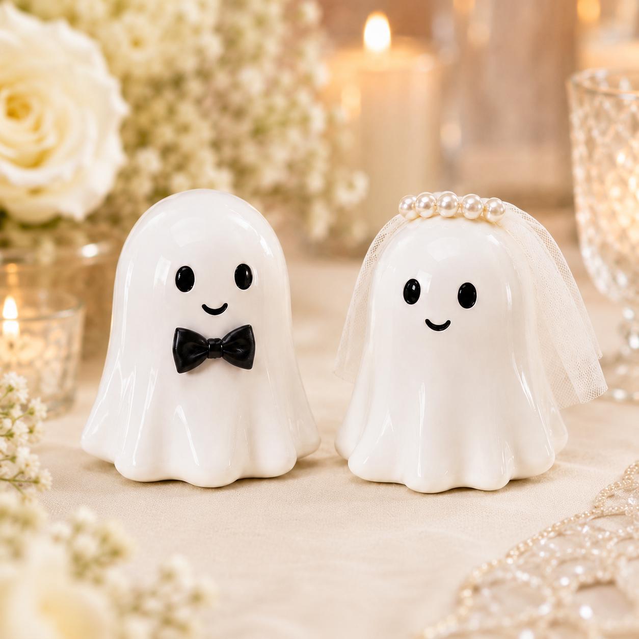 Halloween ceramic ghost bride and groom wedding cake topper figurine pair