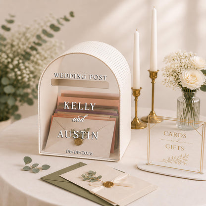 Personalized ivory wedding post box with names and date