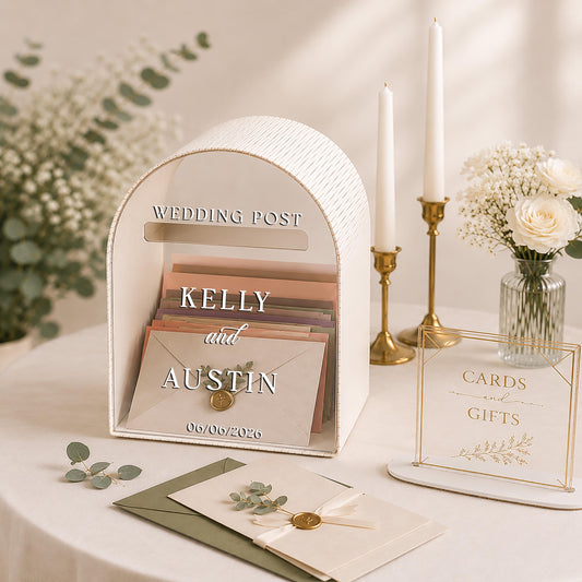 Personalized ivory wedding post box with names and date