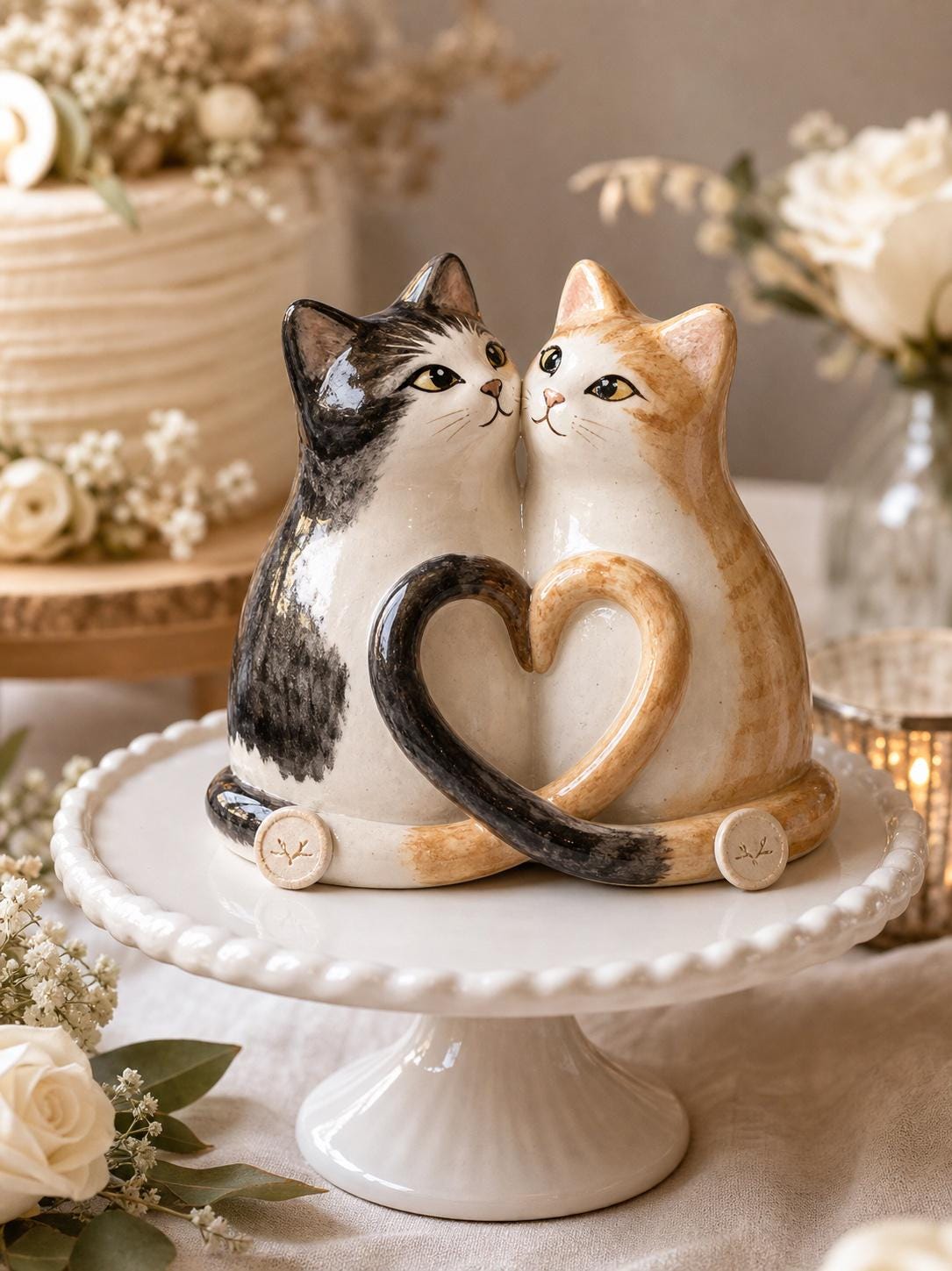 Custom ceramic cat couple wedding cake topper with heart-shaped tails