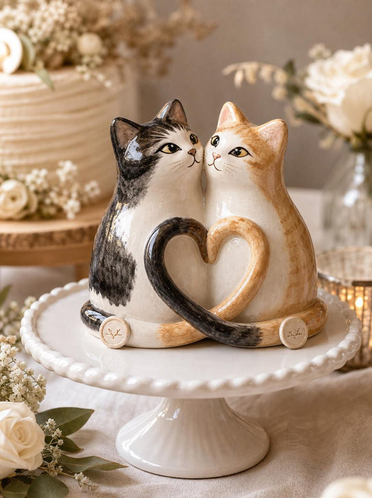Custom ceramic cat couple wedding cake topper with heart-shaped tails