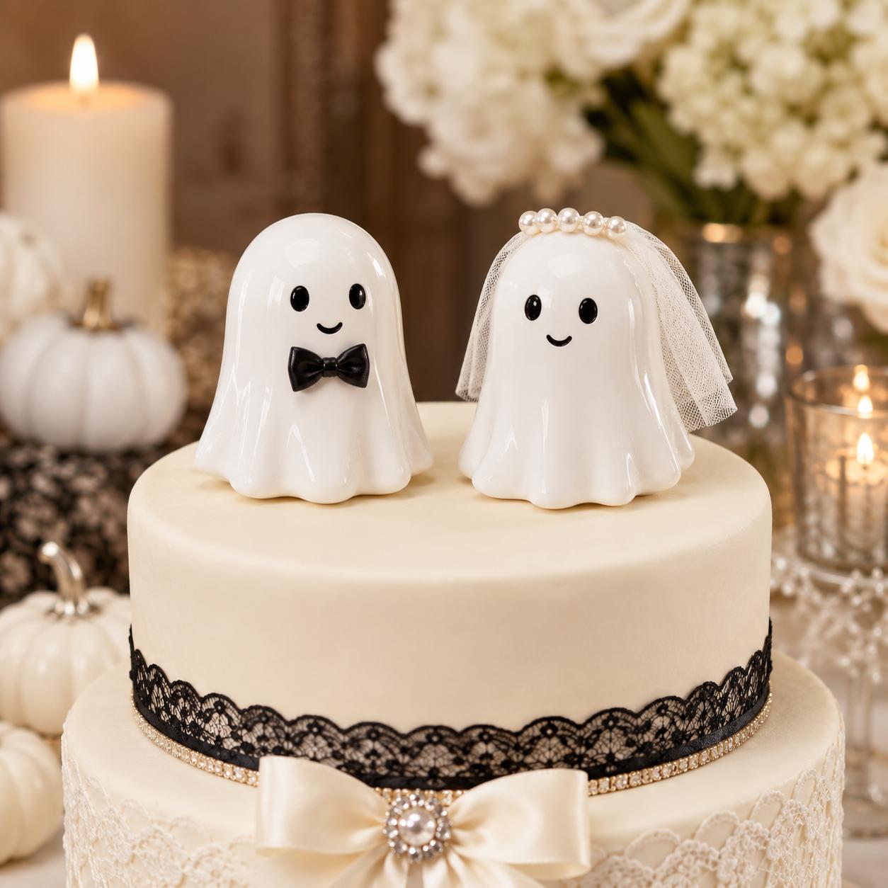 White ceramic ghost bride and groom wedding cake topper with veil and bow tie