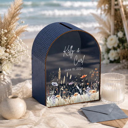 Personalized boho wedding card box with wildflower design