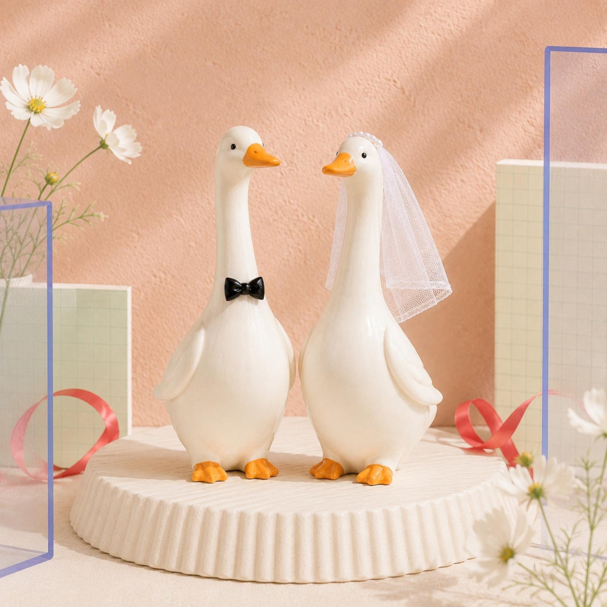Freestanding goose bride and groom wedding keepsake figurines