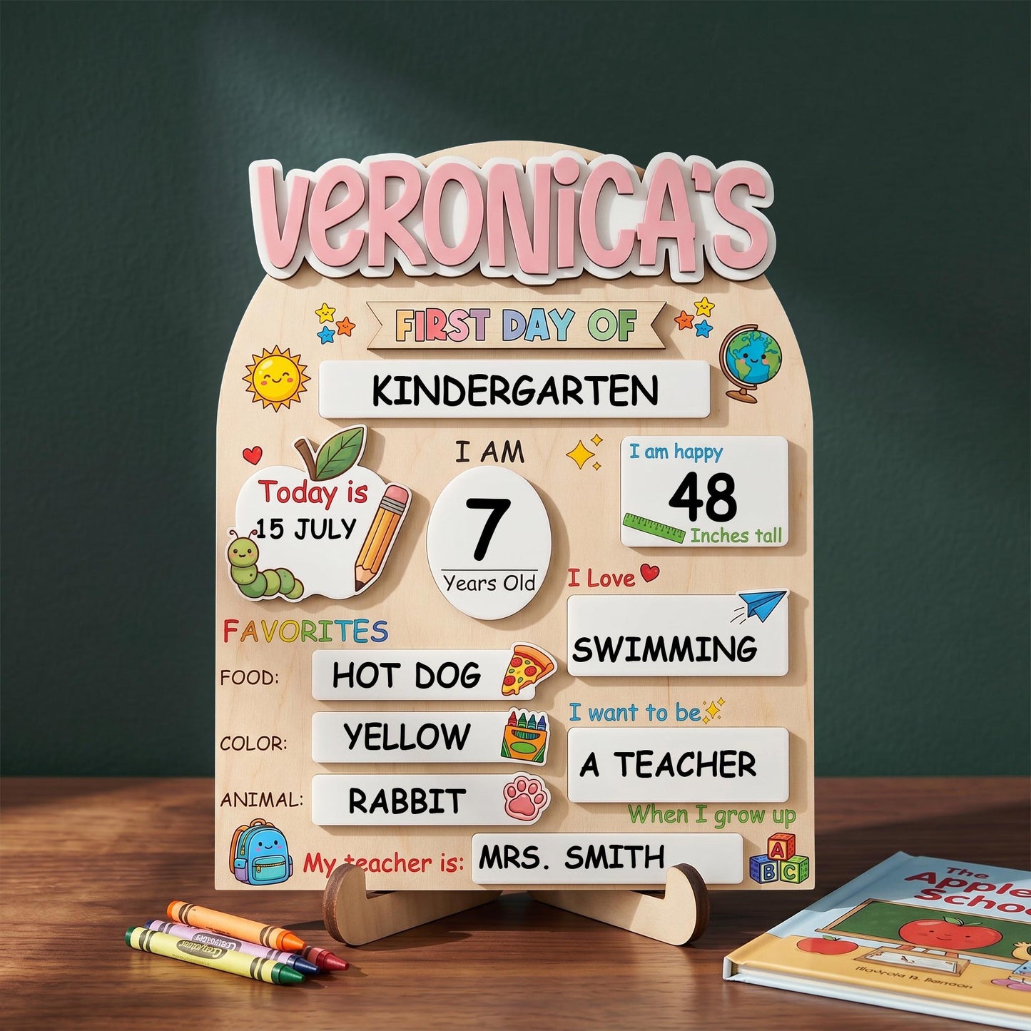 Personalized first and last day of school wooden sign with interchangeable milestone tags