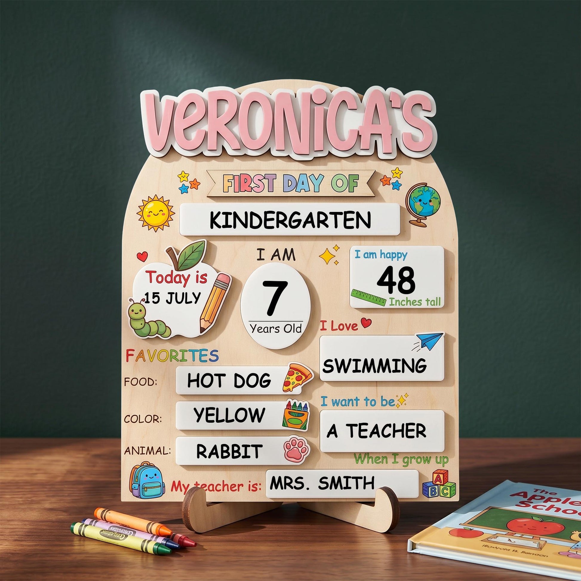 Personalized first and last day of school wooden sign with interchangeable milestone tags