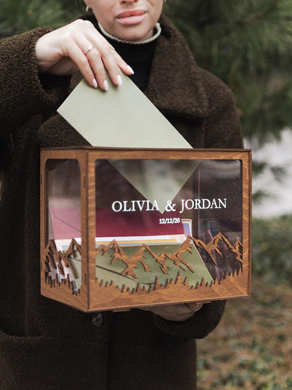 Rustic wooden mountain wedding card box