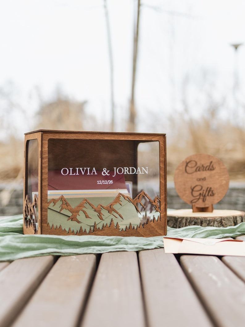Personalized mountain wedding card box with acrylic front