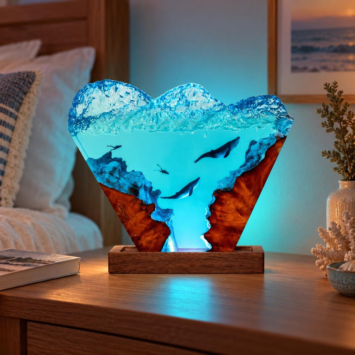 Ocean wave and dolphin resin night light — view 1