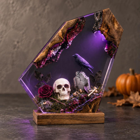Gothic Resin Coffin Night Light, Raven Skull Graveyard Lamp, Purple Glow — view 1
