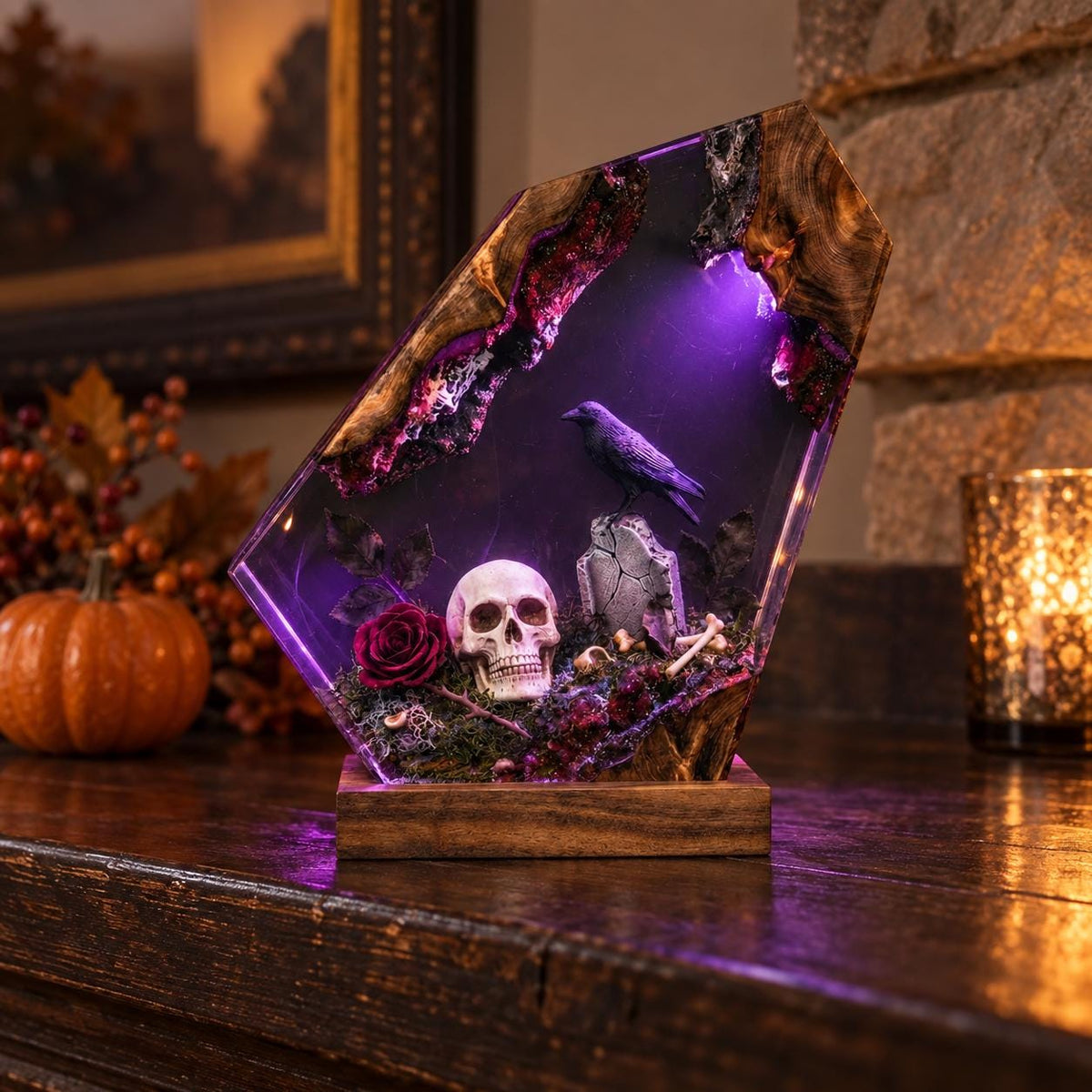 Gothic Resin Coffin Night Light, Raven Skull Graveyard Lamp, Purple Glow — view 2