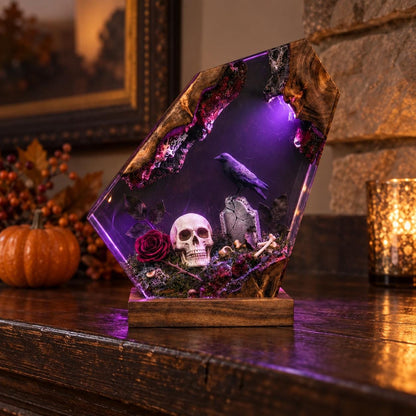 Gothic Resin Coffin Night Light, Raven Skull Graveyard Lamp, Purple Glow — view 2