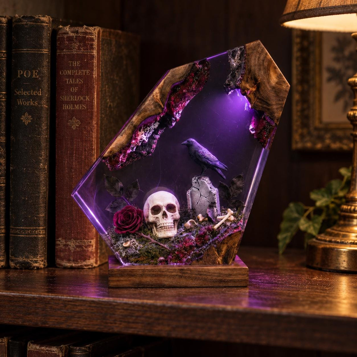 Gothic Resin Coffin Night Light, Raven Skull Graveyard Lamp, Purple Glow — view 3