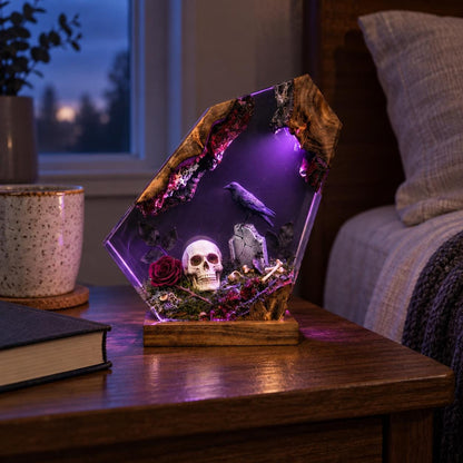 Gothic Resin Coffin Night Light, Raven Skull Graveyard Lamp, Purple Glow — view 4