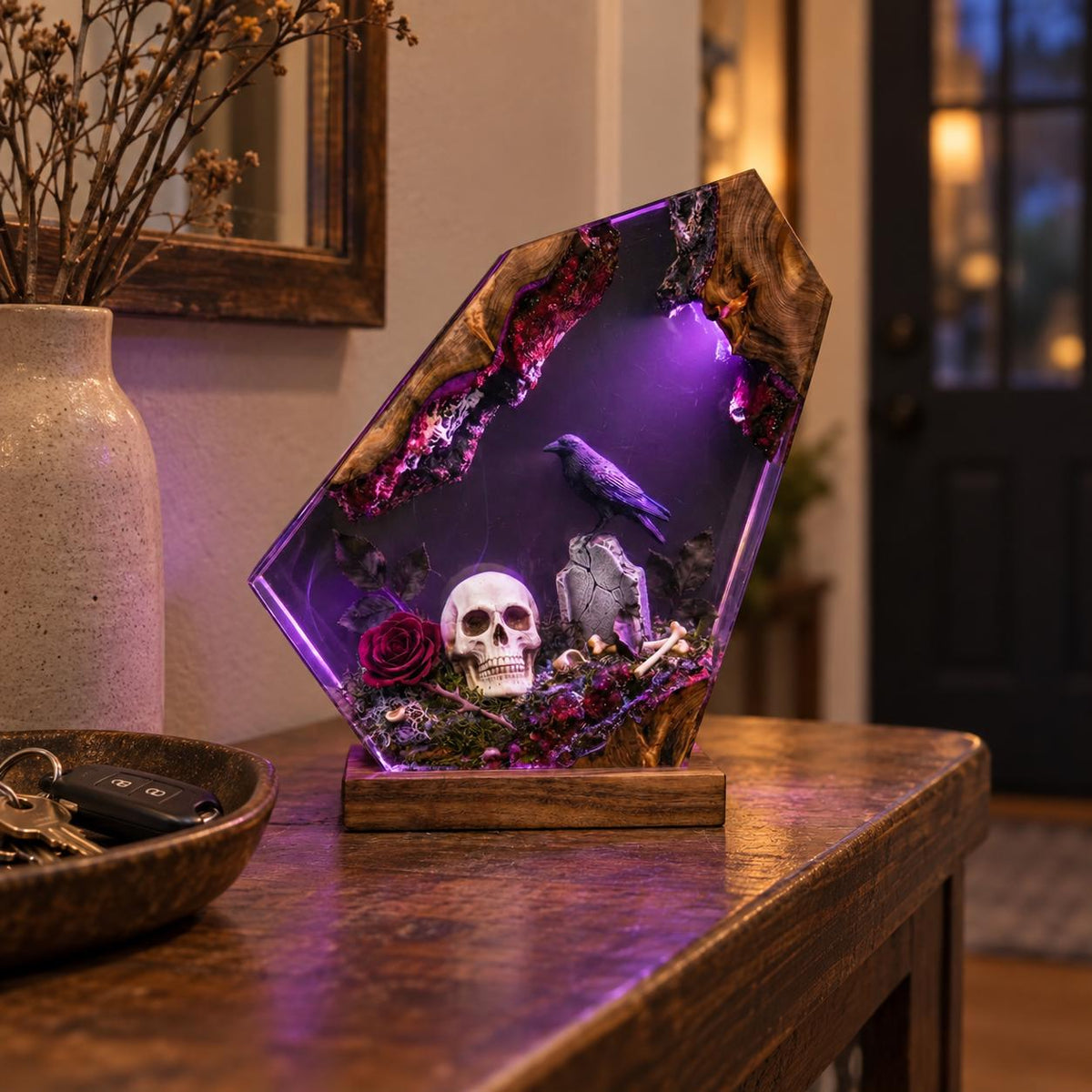 Gothic Resin Coffin Night Light, Raven Skull Graveyard Lamp, Purple Glow — view 5
