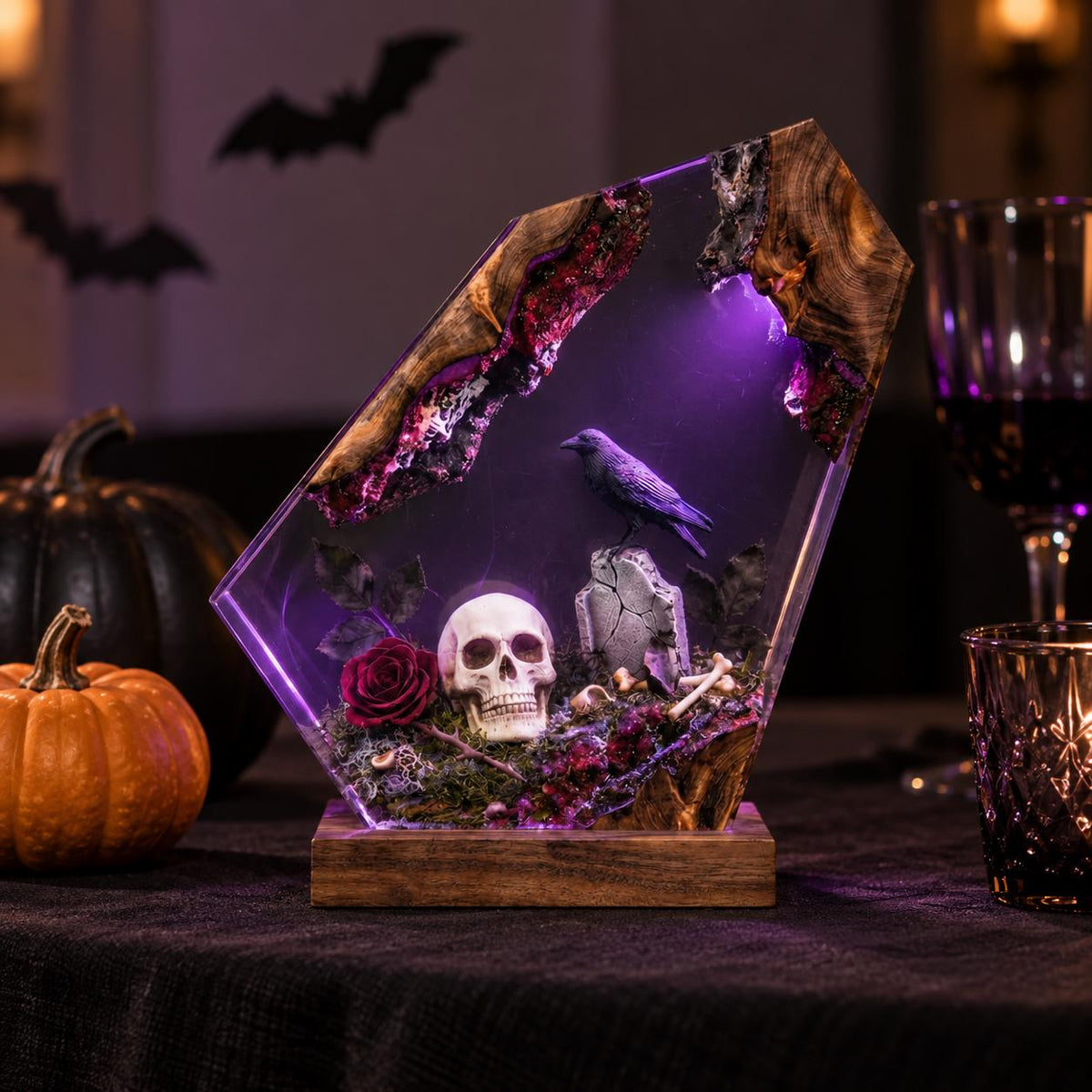 Gothic Resin Coffin Night Light, Raven Skull Graveyard Lamp, Purple Glow — view 6