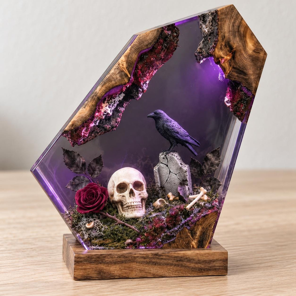 Gothic Resin Coffin Night Light, Raven Skull Graveyard Lamp, Purple Glow — view 7