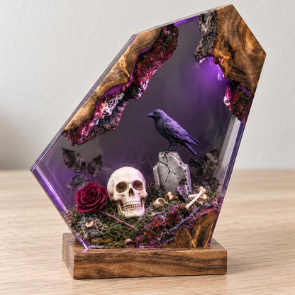 Gothic Resin Coffin Night Light, Raven Skull Graveyard Lamp, Purple Glow — view 7
