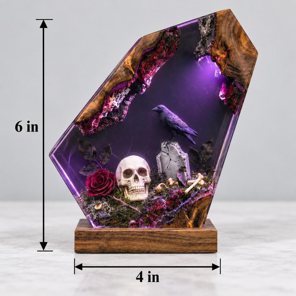 Gothic Resin Coffin Night Light, Raven Skull Graveyard Lamp, Purple Glow — view 8