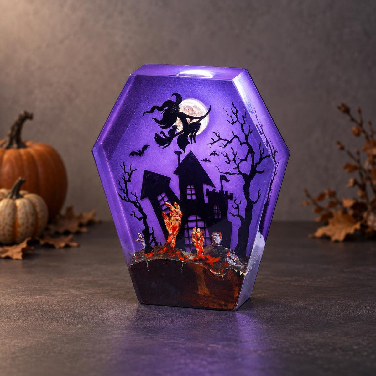 Coffin Witch Night Light, Haunted House Lamp, Purple Glow Halloween Decor — view 1