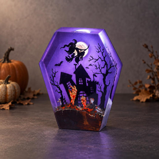 Coffin Witch Night Light, Haunted House Lamp, Purple Glow Halloween Decor — view 1