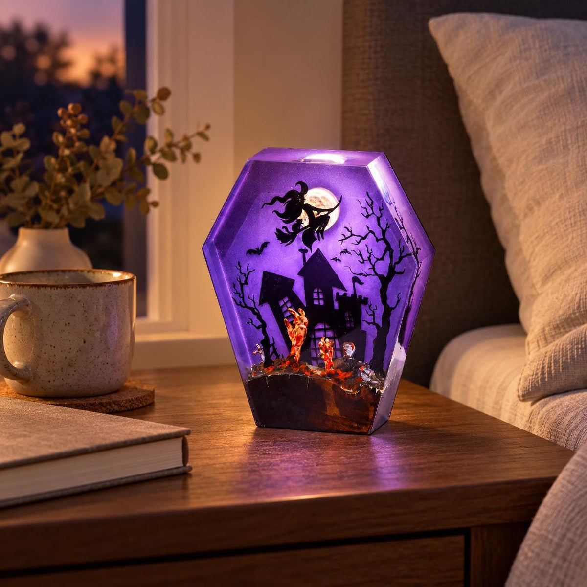 Coffin Witch Night Light, Haunted House Lamp, Purple Glow Halloween Decor — view 4