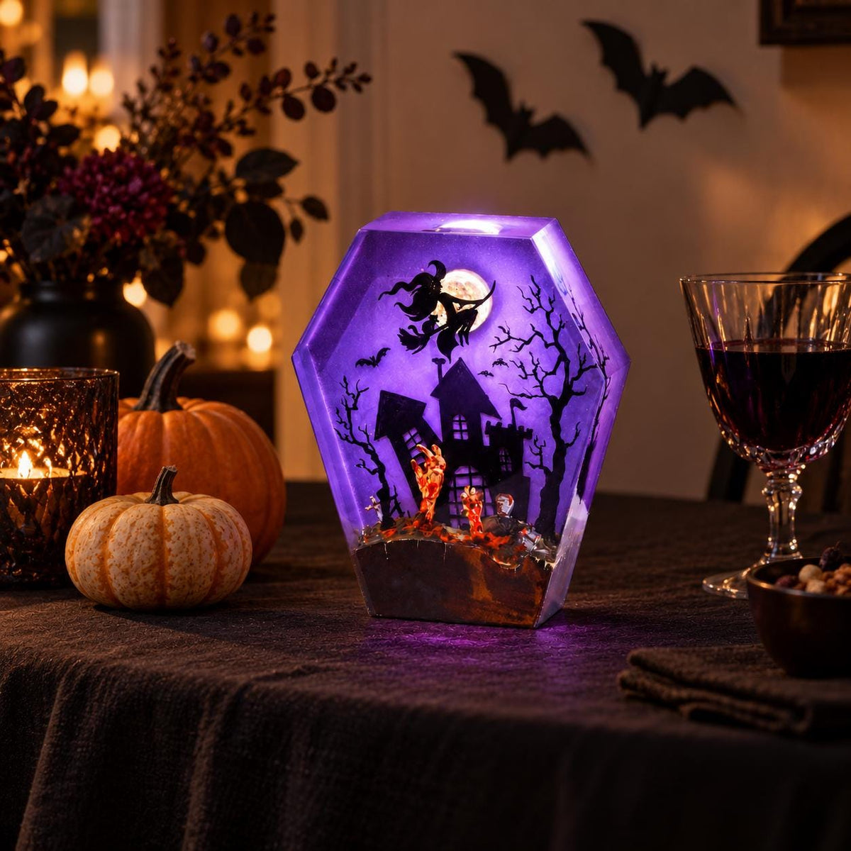 Coffin Witch Night Light, Haunted House Lamp, Purple Glow Halloween Decor — view 5